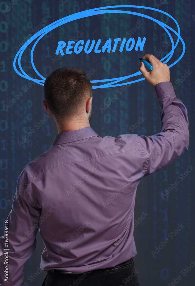 Business, Technology, Internet and network concept. Young businessman working on a virtual screen of the future and sees the inscription: Regulation