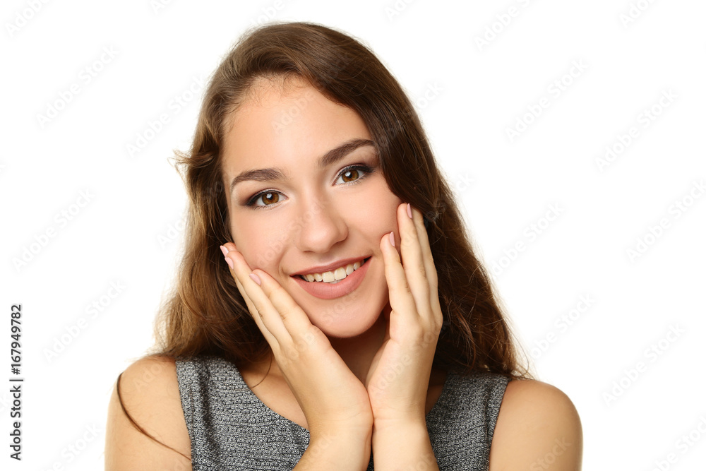 Portrait of young woman on white background Portrait of young woman on white background