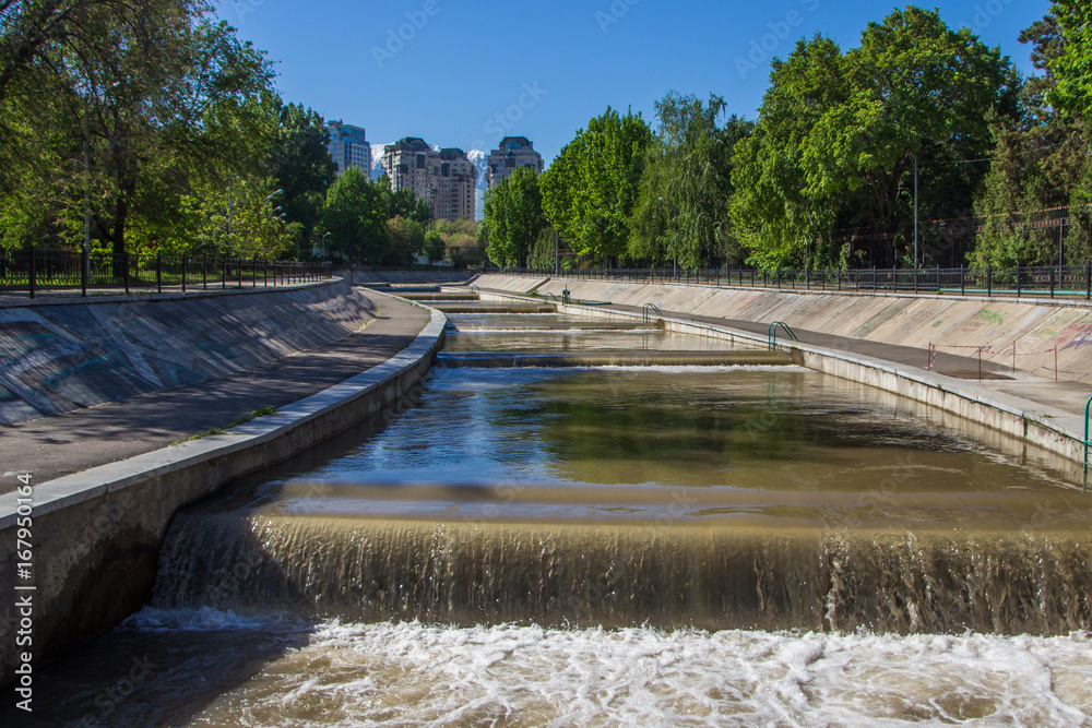 Vesnovka river in Almaty city in spring, Kazakhstan Vesnovka river in Almaty city in spring, Kazakhstan