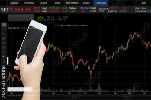hand hold smartphone to watch stock chart for sell buy stock. business women see stock graph to order broker. blur background. business finance stock exchange concept