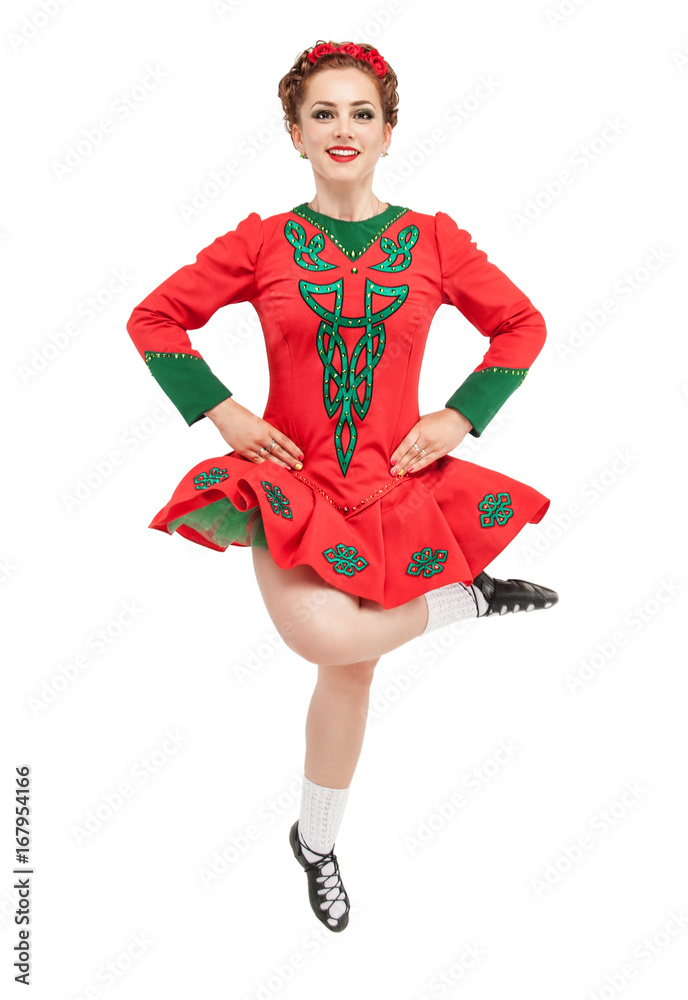 beautiful-woman-in-red-dress-for-irish-dance-jumping-isolated-stock
