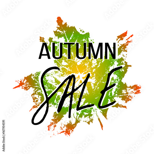 Autumn sale hand written lettering with natural imprint of green orange maple leaf on white background. Vector illustration