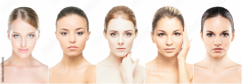 Collage of perfect faces. Various female portraits. Face lifting and skincare concept.