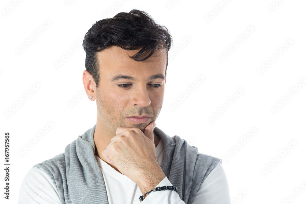 Pensive man, Brazilian male wearing neutral clothes, 30s.. Pensive man, Brazilian male wearing neutral clothes, 30s..