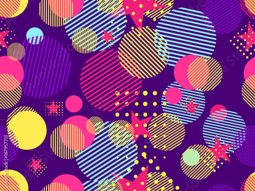Memphis seamless pattern. Pop art dotted and geometric elements memphis in the style of 80's. Vector illustration