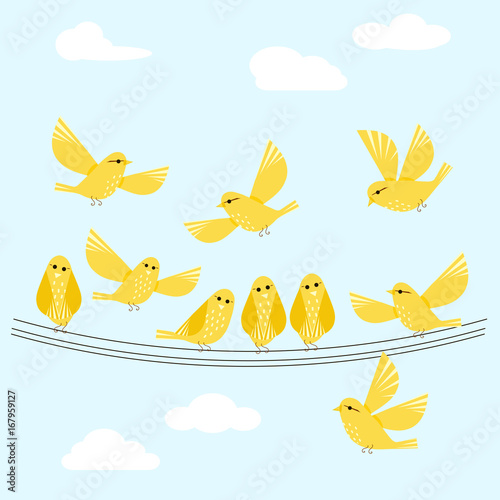 Stock vector illustration yellow cute birds, white clouds on blue flat design 