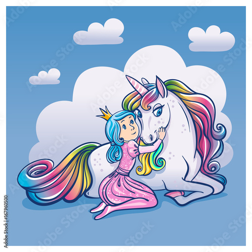 Little Princess Girl and Cute Unicorn, vector illustration