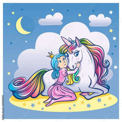 Little Princess Girl and Cute Unicorn, vector illustration