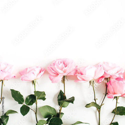 Pink roses on white background. Flat lay, top view. Valentine's background. Floral pattern. Pattern of flowers. Flowers pattern texture