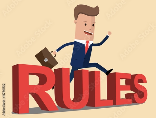 Businessman jumping over a hurdle obstacle rules concept text. Vector illustration