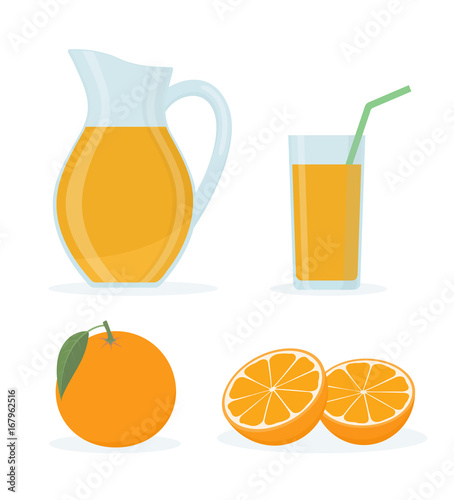 Orange juice set on white background. Flat style vector illustration.
