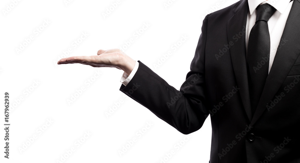 Businessman presenting something on a white background Businessman presenting something on a white background