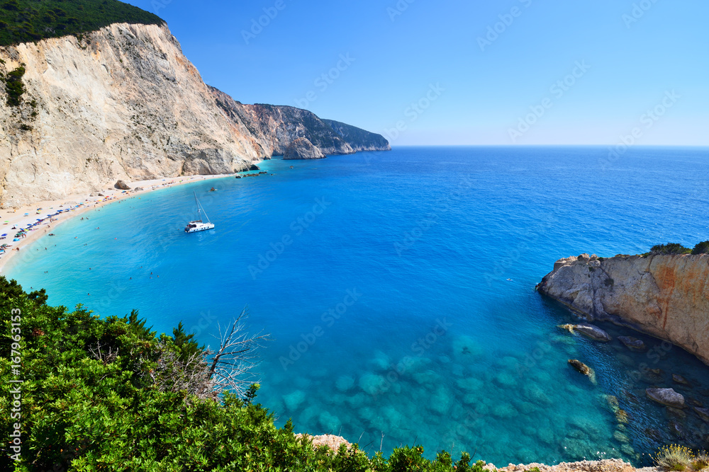 Panoramic view of Porto Katsiki beach on Lefkada in Greece