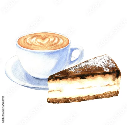 Naklejka na ścianę Filiżanka kawy akwarela, ręcznie rysowane cappuccino z ilustracjami sernik czekoladowy, na białym tle. Projektowanie żywności.