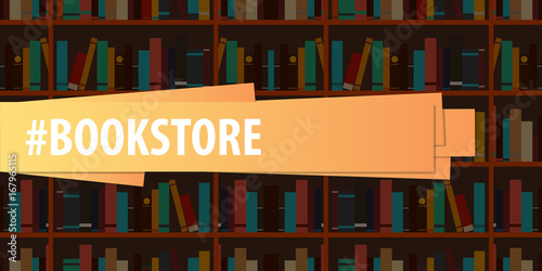 Banner Book Store. Book shelf or bookcase on the background.