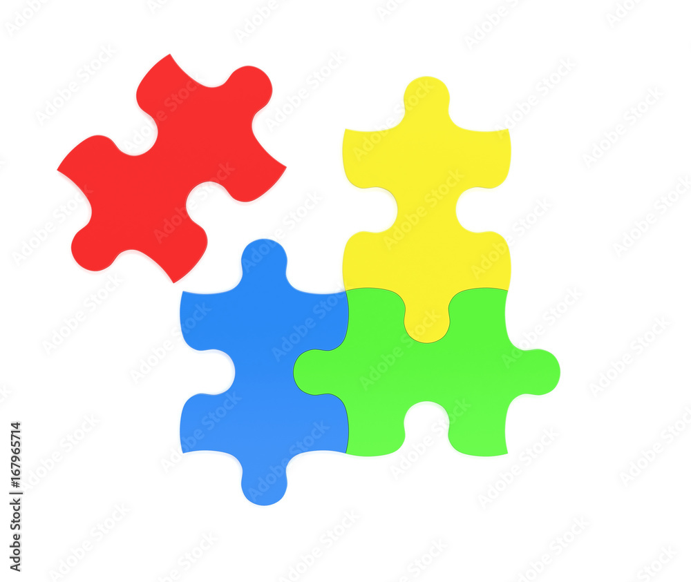 3d rendering of four multicolored puzzle pieces isolated on white background. 3d rendering of four multicolored puzzle pieces isolated on white background.