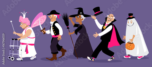 Group of active seniors dressed in Halloween costume, EPS 8 vector illustration