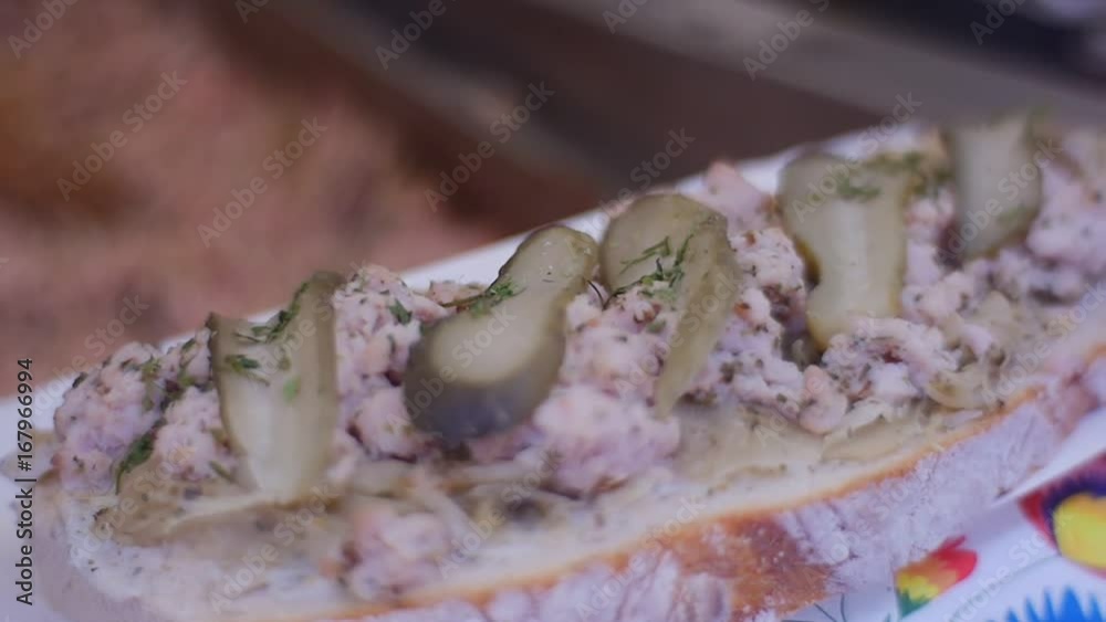 Salted Cucumber With Minced Meat is Lie on a Bread Salted Cucumber With Minced Meat is Lie on a Bread