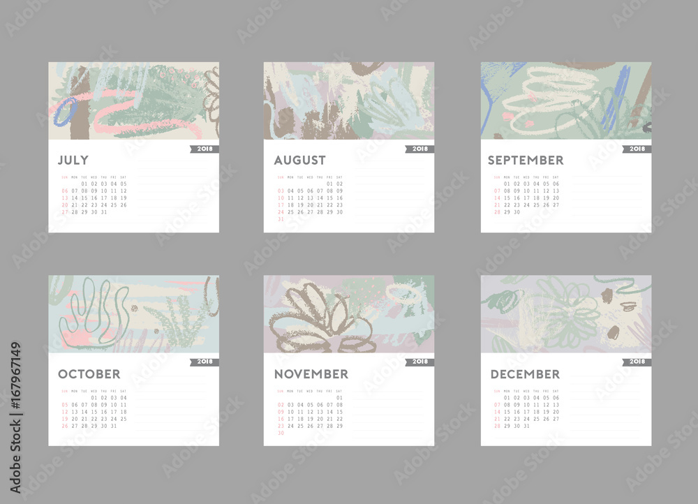2018 calendar. July, August, September, October, November, December. Hand drawn brushstrokes in pastel trendy colors. 
