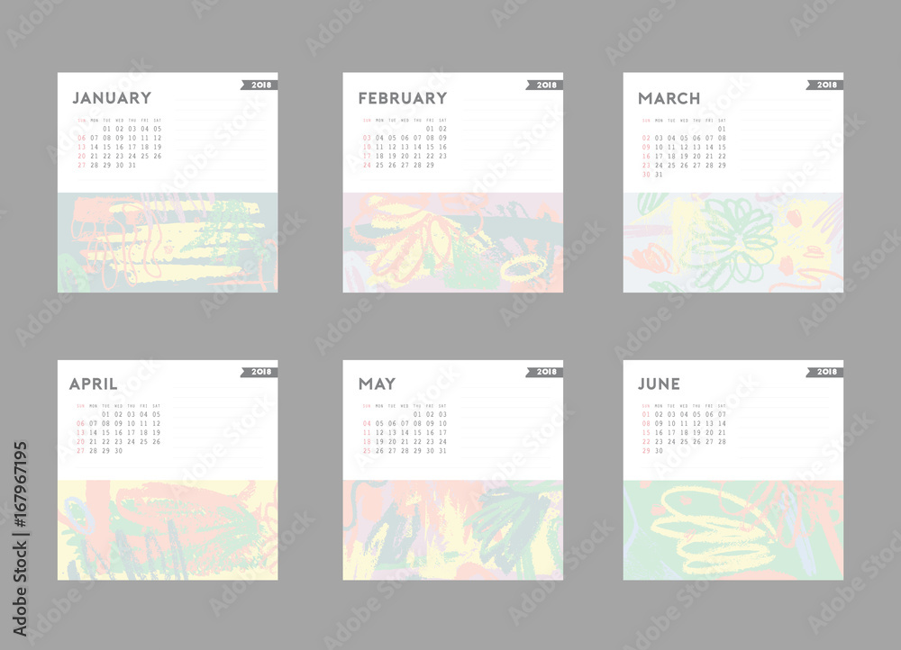 2018 calendar. January, February, March, April, May, June. Hand drawn brushstrokes in light pastel trendy colors. 
