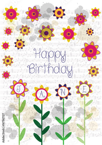 color vector happy birthday card with flowers and frame for your text