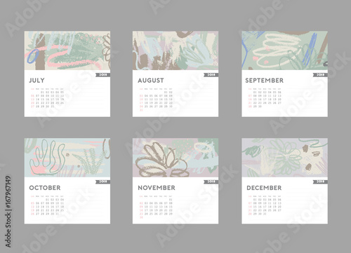 2018 calendar. July  August  September  October  November  December. Hand drawn brushstrokes in pastel trendy colors.   