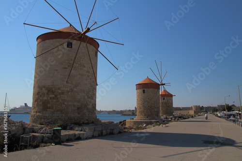 Mills in Mandraki harbour in Rhodes, Greece