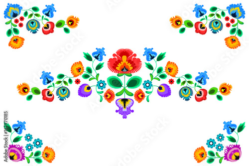Folk embroidery ornament with flowers. Traditional polish pattern decoration - wycinanka, Wzory Lowickie