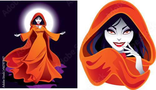 Lady vampire in long flowing gown and hooded robe, framed by full moon