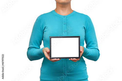 Girl with a frame for a photo in her hands. isolated on white background