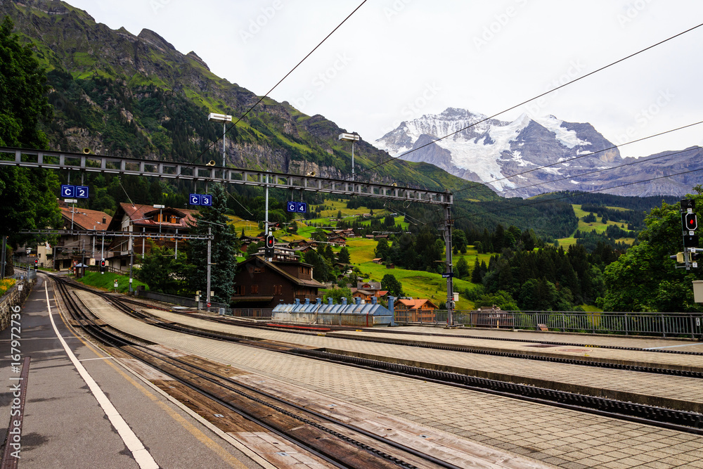 Wengernalpbahn railway station in car free village Wengen with the mountain Jungfrau in the background. Wengen, Bernese Oberland, Switzerland