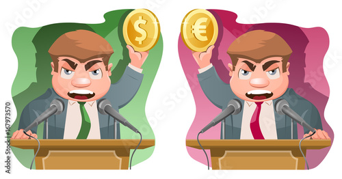 Speaker on the rostrum holds a dollar symbol and a euro symbol. Cartoon styled vector illustration. Elements is grouped. No transparent objects.