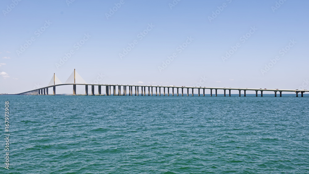 View from Tampa Bay of the Sunshine Skyway Bridge, which connects St. Petersburg in Pinellas County to Terra Ceia in Manatee County, Florida, U.S.A.