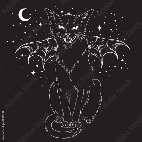 Creepy black cat with monster wings over night sky with moon and stars. Wiccan familiar spirit, halloween or pagan witchcraft theme print design vector illustration.