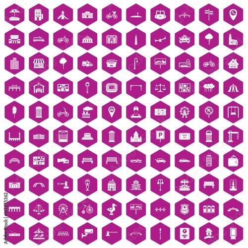 100 city icons hexagon violet