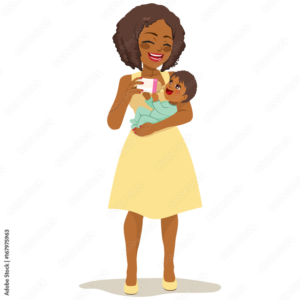 Beautiful young African American woman in yellow dress holding cute newborn baby feeding her with milk bottle Beautiful young African American woman in yellow dress holding cute newborn baby feeding her with milk bottle