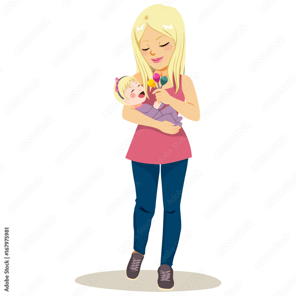 Young beautiful blonde mom holding rattle playing with her baby Young beautiful blonde mom holding rattle playing with her baby