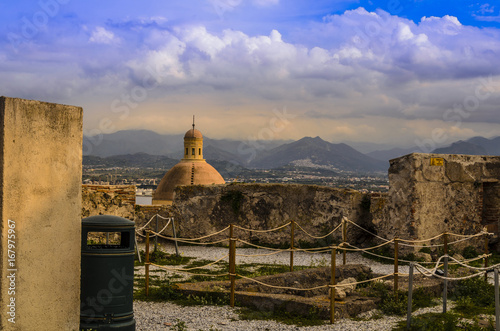 Sicilian territory and church dome from the Norman castle of milazzo