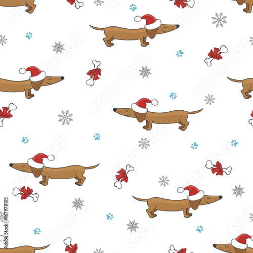 Seamless pattern with cute dachshund in Christmas hat. Vector holiday background.