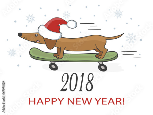 Happy New Year 2018 vector illustration with cute dachshund dog on skateboard.