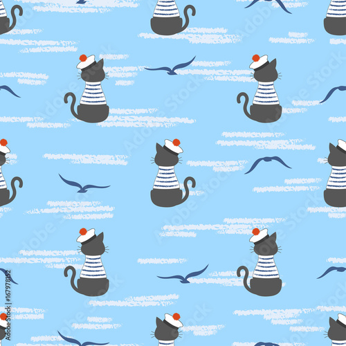 Seamless sea pattern with cartoon cat Sailor and seagulls. Vector marine background for kids