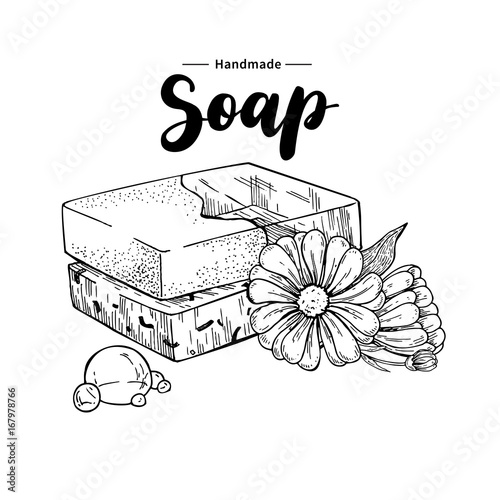 Handmade natural soap. Vector hand drawn illustration of organic cosmetic with calendula medical flowers.