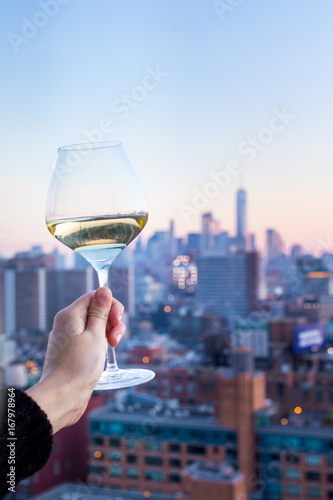 Photography Wine Glass and New York City Downtown Skyline at Sunset