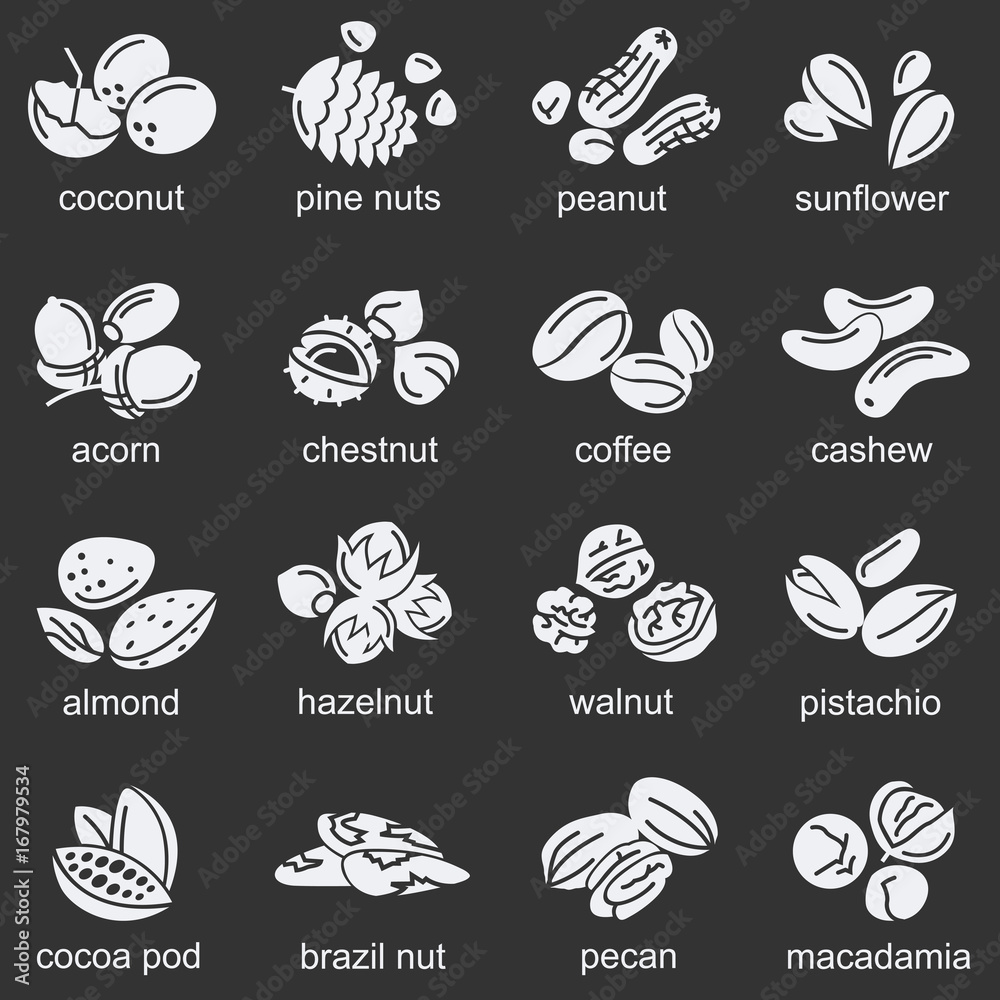 collection of nuts icons on black background collection of nuts icons on black background