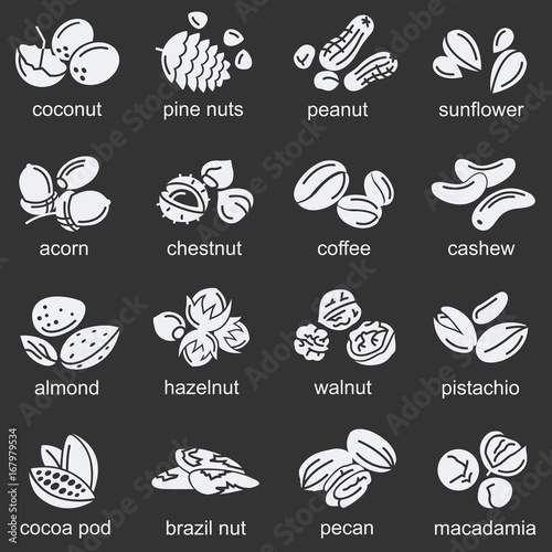 collection of nuts icons on black background