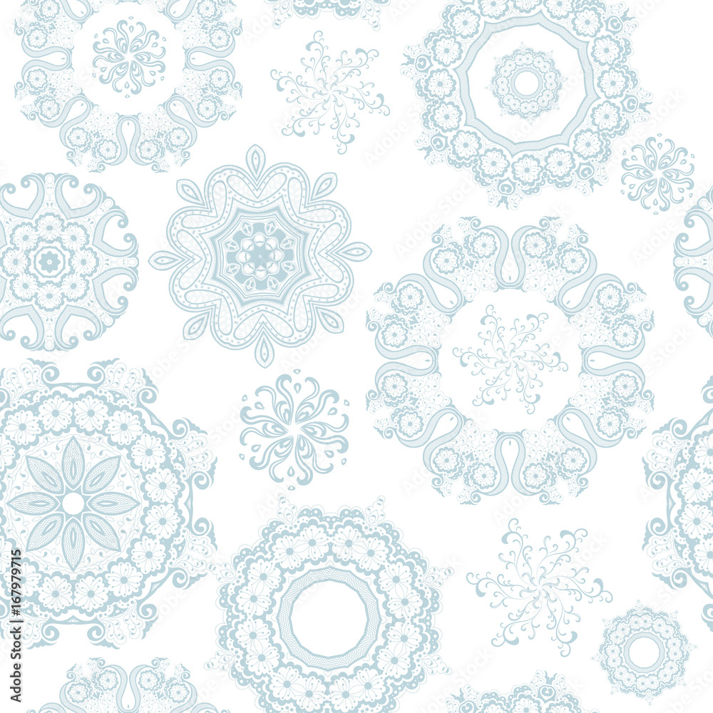 Seamless ornate snowflakes on white pattern. Background for Christmas and New year. Mandala lace snowflakes. Vector Illustration