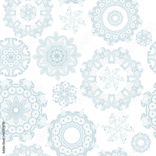 Seamless ornate snowflakes on white pattern. Background for Christmas and New year. Mandala lace snowflakes. Vector Illustration