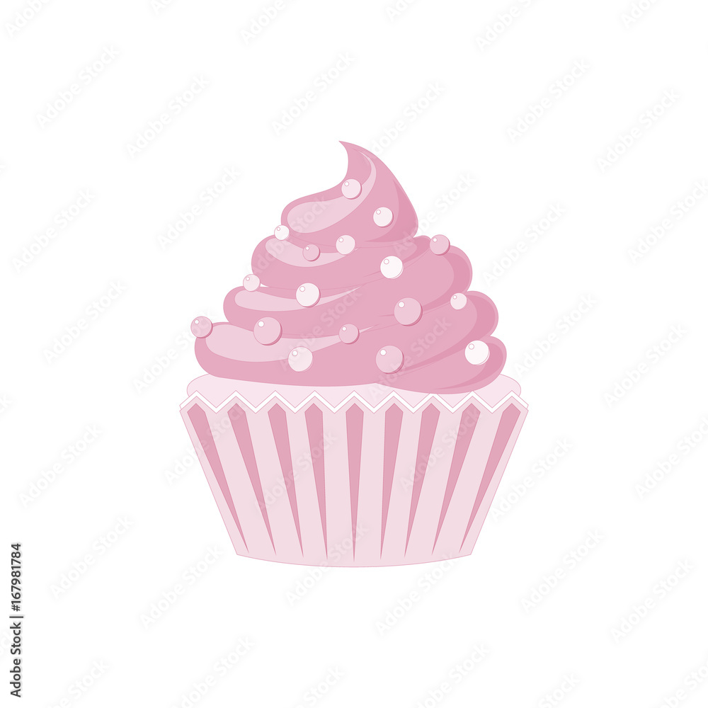 Vector cupcakes and muffins icon. Pink desserts with cream, chocolate, cherries and strawberries. Cute cupcake sign for flyers, postcards, stickers, prints, posters, decorations.