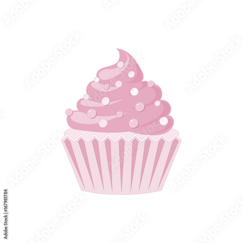 Vector cupcakes and muffins icon. Pink desserts with cream, chocolate, cherries and strawberries. Cute cupcake sign for flyers, postcards, stickers, prints, posters, decorations.