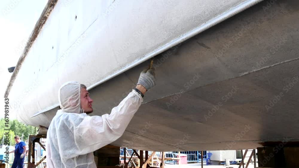 Worker paints with brush metal front of ship at shipyard in port of Moscow. Process of repair of sea vessel. Outdoor work. Technology of manual painting boats. Industry of water transport. Worker paints with brush metal front of ship at shipyard in port of Moscow. Process of repair of sea vessel. Outdoor work. Technology of manual painting boats. Industry of water transport.